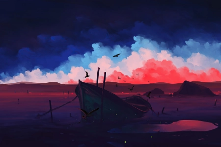 猫拿铁、小船、天空、云朵、小鸟、水、动物、数字艺术、水坑 3840x2160