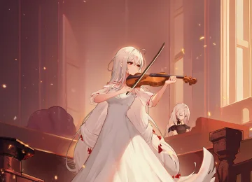 站立 长发 红眼睛 闭着眼睛 白发 动漫女孩 小提琴 乐器 连衣裙 树叶 高跟鞋 脚尖 钢琴  手机壁纸 4K壁纸  3992x7984