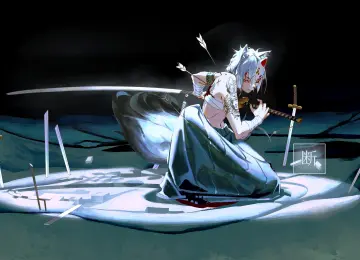 白发 短发 东后 武士刀 箭头 血液 伤口 动漫 女孩 犬桥桃寺 4K壁纸  4008x2480