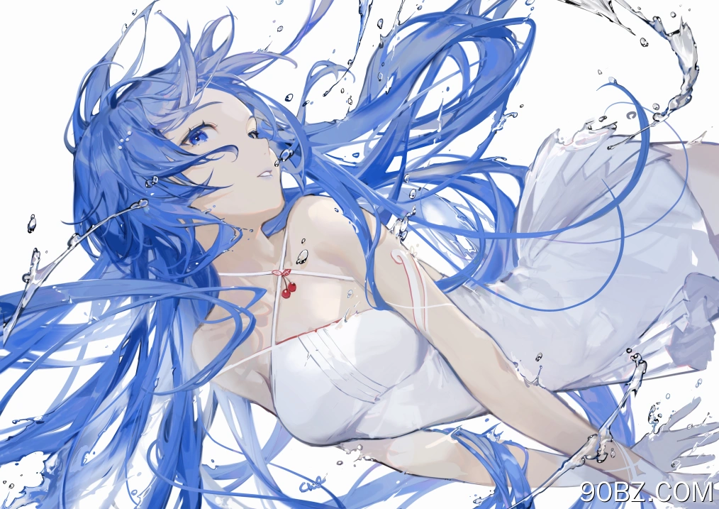 蓝色头发 长发 蓝色眼睛 动漫 女孩 飞溅 水 水滴 白色背景 白色手套 连衣裙 白色连衣裙 4K壁纸