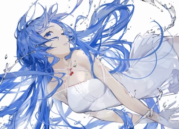 蓝色头发 长发 蓝色眼睛 动漫 女孩 飞溅 水 水滴 白色背景 白色手套 连衣裙 白色连衣裙 4K壁纸  4093x2894