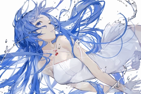 蓝色头发 长发 蓝色眼睛 动漫 女孩 飞溅 水 水滴 白色背景 白色手套 连衣裙 白色连衣裙 4K壁纸 4093x2894