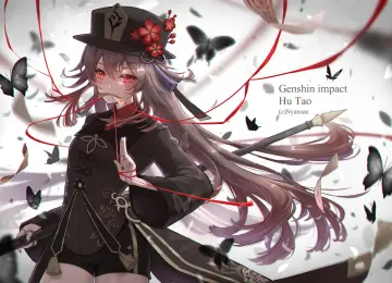 胡桃 原神 长发 站立 动漫 女孩 帽子 蝴蝶 花瓣 昆虫 4K壁纸  4000x2600