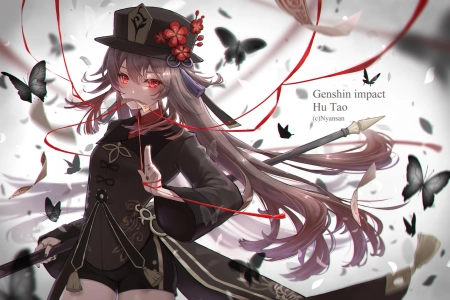 胡桃 原神 长发 站立 动漫 女孩 帽子 蝴蝶 花瓣 昆虫 4K壁纸 4000x2600
