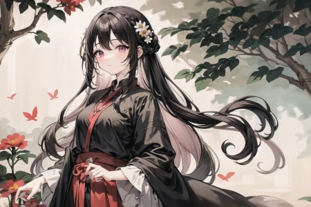动画女孩 黑发 装饰 中国服饰 树叶 头发上的花 花 羽毛  电脑壁纸 4K壁纸 4928x2752