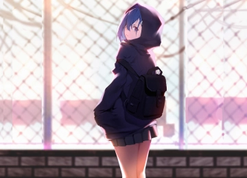 蓝头发 腿 AI艺术 动漫 动漫女孩 城市 回头 书包 兜帽 4K壁纸  3840x2160