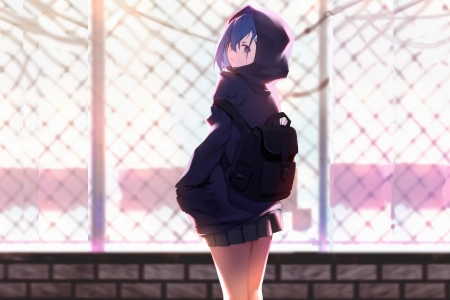 蓝头发 腿 AI艺术 动漫 动漫女孩 城市 回头 书包 兜帽 4K壁纸 3840x2160