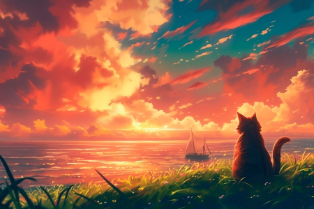 猫 自然 船 云 数字艺术 人工智能艺术 草 日落 电脑壁纸 4K壁纸 5824x3264