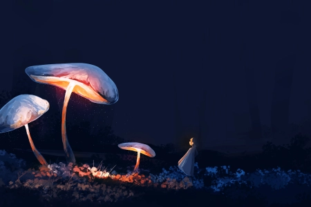 动漫 女孩 蘑菇 植物 夜晚 森林 4K壁纸 5640x2400