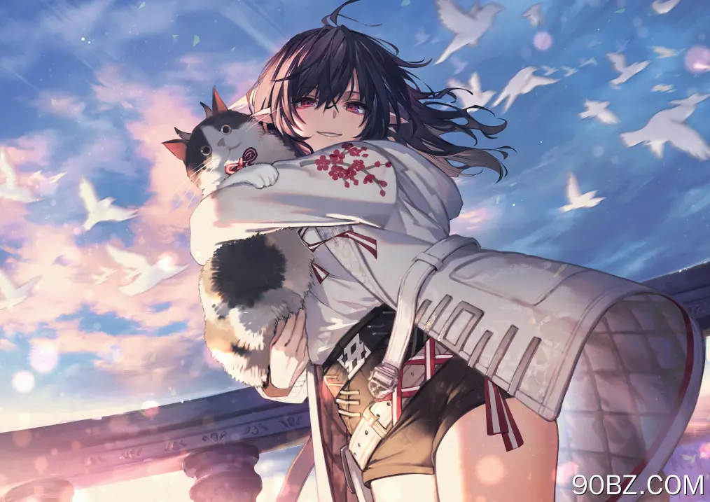 猫女 黑发 红眼 微笑 长发 大腿 猫 动漫女孩 日落 夕阳 天空 猫 云 鸟 动物 阳光 短裤  电脑壁纸 4K壁纸