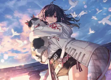猫女 黑发 红眼 微笑 长发 大腿 猫 动漫女孩 日落 夕阳 天空 猫 云 鸟 动物 阳光 短裤  电脑壁纸 4K壁纸  4093x2894