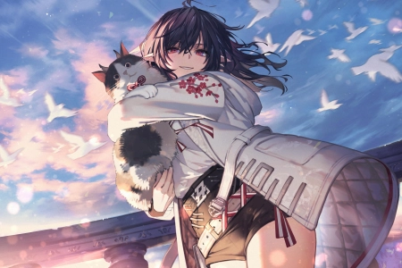 猫女 黑发 红眼 微笑 长发 大腿 猫 动漫女孩 日落 夕阳 天空 猫 云 鸟 动物 阳光 短裤  电脑壁纸 4K壁纸 4093x2894