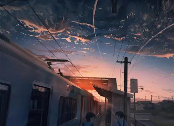 日落 天空 火车 云 动漫 电力线 栅栏 车辆  电脑壁纸 4K壁纸  3840x2160