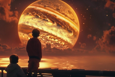 儿童 人工智能艺术 插图 友谊 黄色 木星 云 剪影 电脑壁纸 4K壁纸 5824x3264