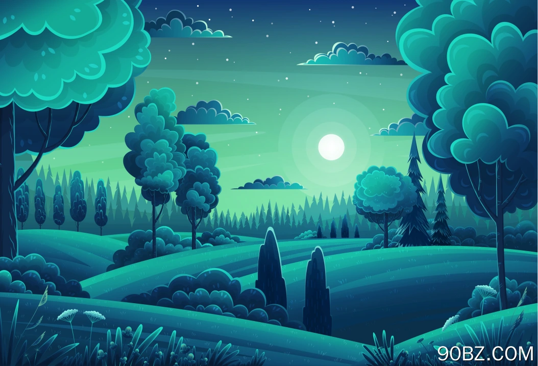 图片 矢量 森林 小山 树木 月亮 夜晚 风景 绿色 天空 云 卡通 星星 花 月光 AI艺术 4K壁纸