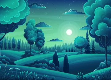 图片 矢量 森林 小山 树木 月亮 夜晚 风景 绿色 天空 云 卡通 星星 花 月光 AI艺术 4K壁纸  6000x4081