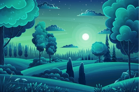 图片 矢量 森林 小山 树木 月亮 夜晚 风景 绿色 天空 云 卡通 星星 花 月光 AI艺术 4K壁纸 6000x4081
