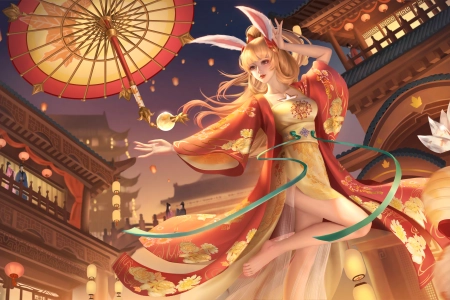 腿 兔子 舞者 游戏 王者荣耀 游戏CG 女孩 古风 金色背景 雨伞 建筑 4K壁纸 7641x4320