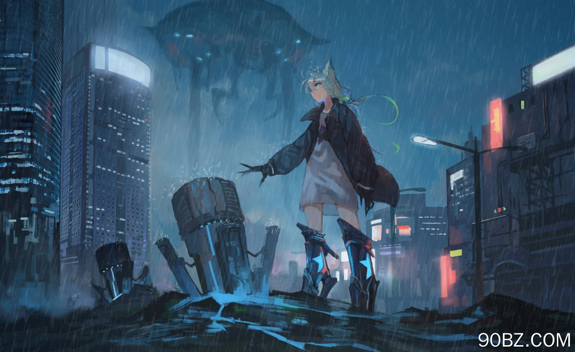 动漫女孩 动漫 黑暗 城市景观 雨  电脑壁纸 4K壁纸
