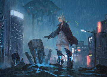 动漫女孩 动漫 黑暗 城市景观 雨  电脑壁纸 4K壁纸  4048x2480