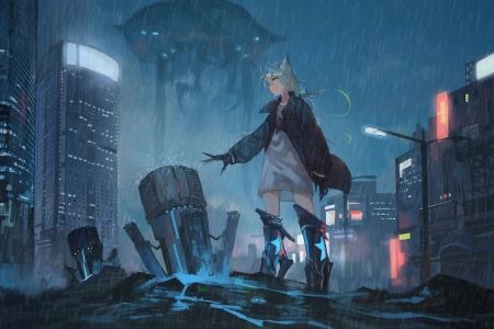 动漫女孩 动漫 黑暗 城市景观 雨  电脑壁纸 4K壁纸 4048x2480