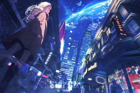 生命线 原创 角色 站立 户外 女性 长发 金发 动漫 城市 夜晚 天空 女孩 建筑 高跟鞋 城市 灯光 4K壁纸 6000x3000