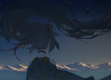 长发 动漫 女孩 山 星星 日落 4K壁纸  4500x2781