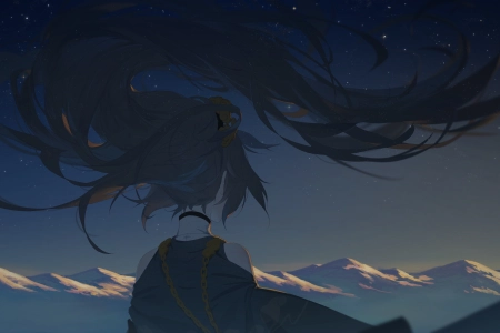 长发 动漫 女孩 山 星星 日落 4K壁纸 4500x2781