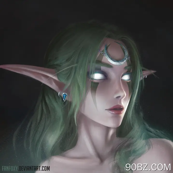 女人 精灵 长发 卷发 绿色头发 绘画 暗夜精灵 魔兽 明亮 发光眼睛 新月 皇冠 肖像 脸部彩绘 手机壁纸 4K壁纸