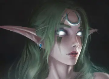 女人 精灵 长发 卷发 绿色头发 绘画 暗夜精灵 魔兽 明亮 发光眼睛 新月 皇冠 肖像 脸部彩绘 手机壁纸 4K壁纸  4000x4000