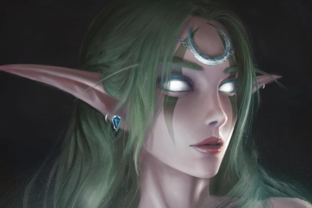 女人 精灵 长发 卷发 绿色头发 绘画 暗夜精灵 魔兽 明亮 发光眼睛 新月 皇冠 肖像 脸部彩绘 手机壁纸 4K壁纸 4000x4000