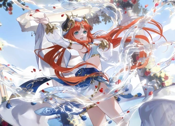 长头发 红发 蓝眼睛 站立 动漫 女孩 原神 花 水 天空 云 8K壁纸  8100x4320