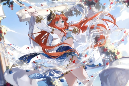长头发 红发 蓝眼睛 站立 动漫 女孩 原神 花 水 天空 云 8K壁纸 8100x4320
