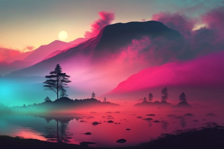 艺术 薄雾 早晨 日出 风景 山脉 湖泊 自然 倒影 4K壁纸 4579x2616