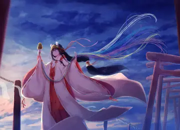 长发 头发 迷彩 风 传统服装 服装 动漫女孩  电脑壁纸 4K壁纸  7128x3629