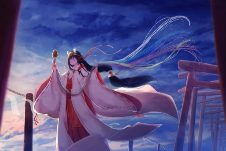 长发 头发 迷彩 风 传统服装 服装 动漫女孩  电脑壁纸 4K壁纸 7128x3629