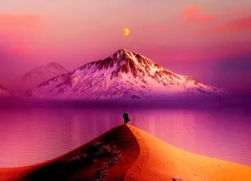 孤独 站立 男人 风景 山顶 沙丘 山 水 太阳 天空 自然 雪 沙子 帽子 4K壁纸  4096x2304