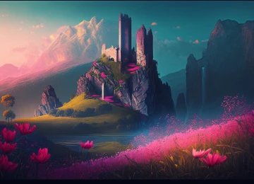 艺术 插图 城堡 花 紫色 草 粉色花  4K壁纸  4579x2616
