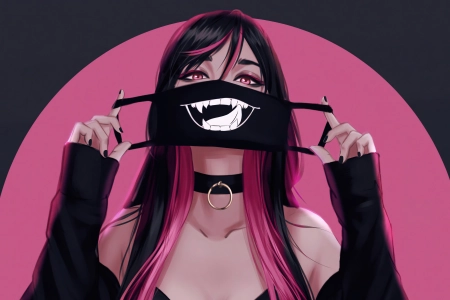 粉色眼睛 面具 动漫女孩 双色头发 领子 电脑壁纸 4K壁纸 3840x2160