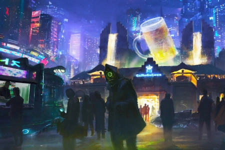 人物 AI艺术 插图 素描 绘画 环境 未来主义 城市 网络 数码城 赛博朋克 霓虹灯 灯光 建筑 摩天大楼 塔楼 夜晚 机器人 啤酒 4K壁纸 3840x2170