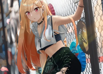 动漫女孩 北川马林 玩偶 滑板 栅栏 衣领  电脑壁纸 4K壁纸  6183x5504