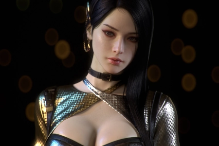 女性 黑发 长发 部 项链 耳环 眼线 简单背景 特写 黑发 4K壁纸 3840x2160