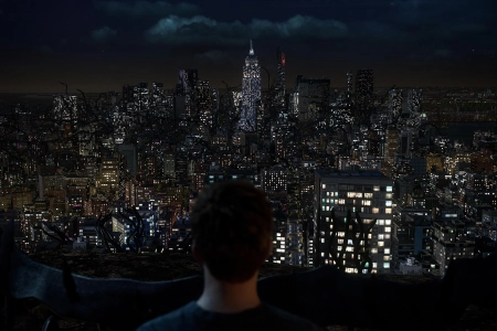 彼得 电子游戏 角色 站立 蜘蛛侠 屏幕截图 城市 景观 云 天空 夜 建筑 摩天大楼 城市 灯光 超级英雄 眺望 远方 4K壁纸 3840x2160