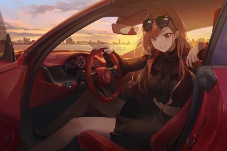 艺术家 微笑 黑发 动漫 女孩 车辆 汽车 内饰 棕色眼睛 4K壁纸 6000x3186