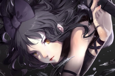 AI艺术 黑发 黑色衣服 发结 化妆 黄眼睛 羽毛 水滴 4K壁纸 3840x2160