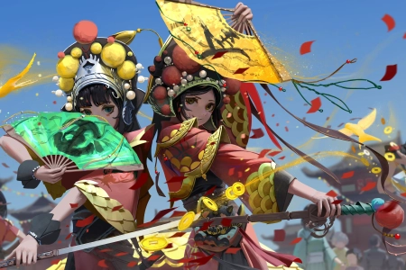 剑女 两女 京剧 粉丝 动漫女孩 花瓣 中国 电脑壁纸 4K壁纸 7052x3072