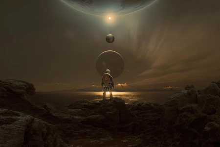宇航员 行星 火星 天空 夜晚 科幻 小说 太阳系 风景 AI艺术 手机壁纸 4K壁纸 3840x3840