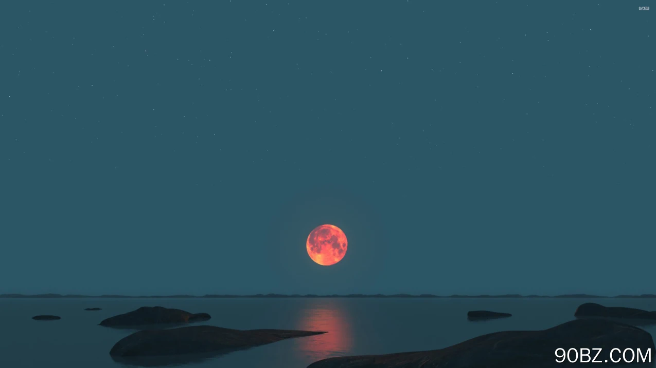 月光 海洋 自然 水 天空 红月 满月 4K壁纸