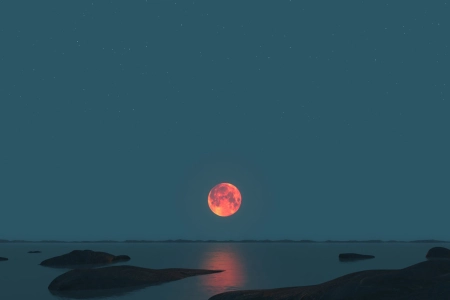 月光 海洋 自然 水 天空 红月 满月 4K壁纸 3840x2160