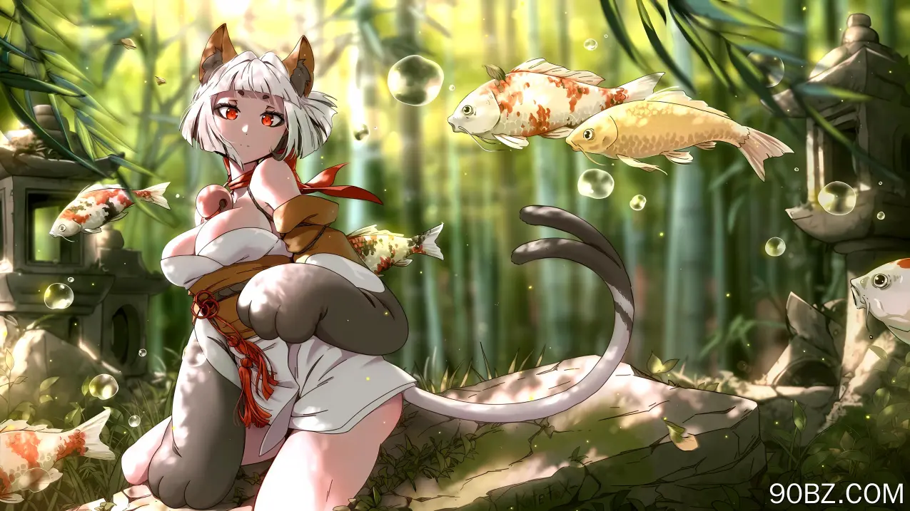 凯特-福 猫女孩 红眼睛 白头发 猫耳朵 鱼 锦鲤 鲤鱼 尾巴 爪子 电脑壁纸 4K壁纸